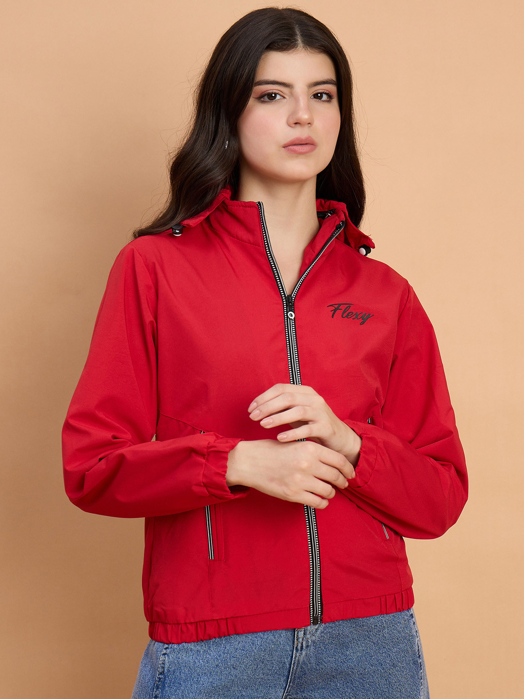 QIOA Women Hooded Solid Windcheater Sporty Jacket