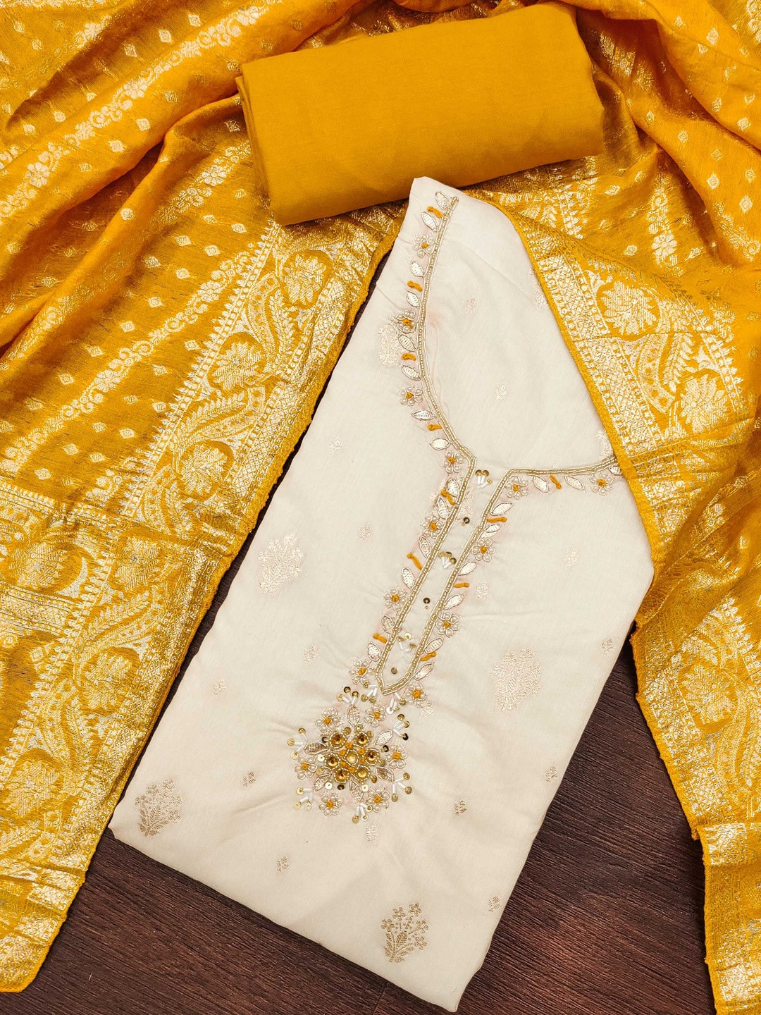 KALINI Women Off-White & Yellow Woven Design Silk Cotton Unstitched Dress Material