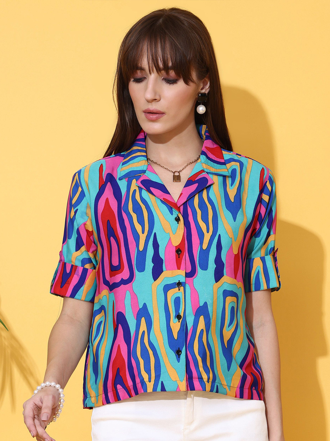 Honky Tonky Women Classic Fit Abstract Printed Cuban Collar Casual Shirt