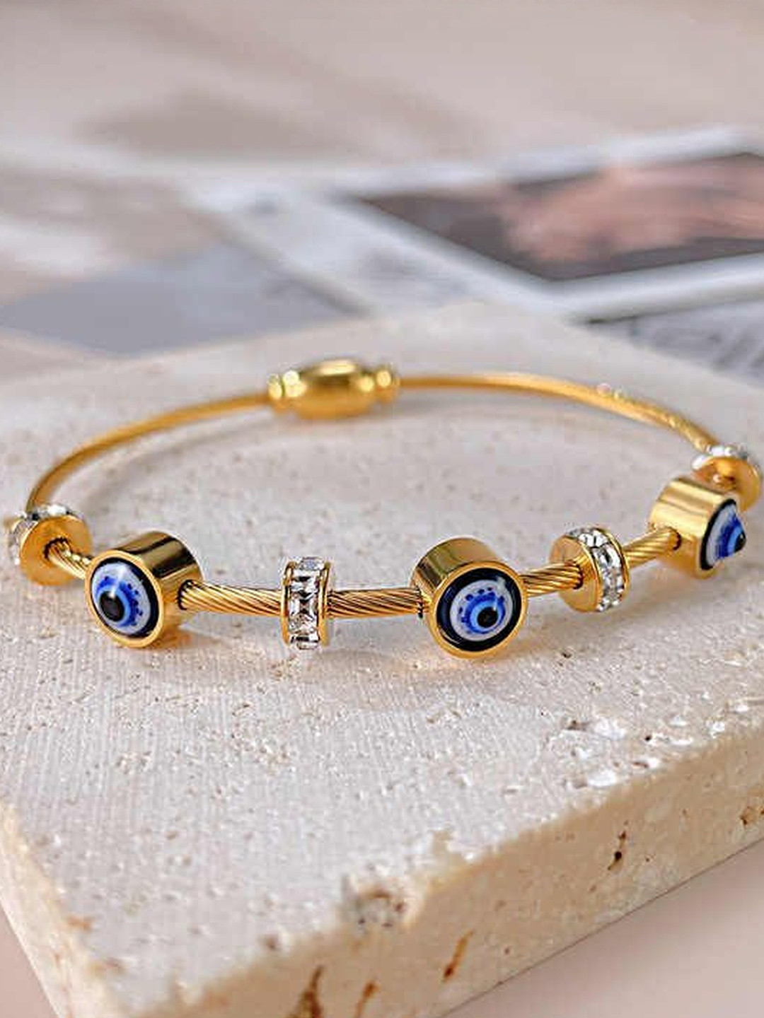 ISAMORA Stainless Steel Gold Plated Artificial Stones Studded Bangle-Style Bracelet