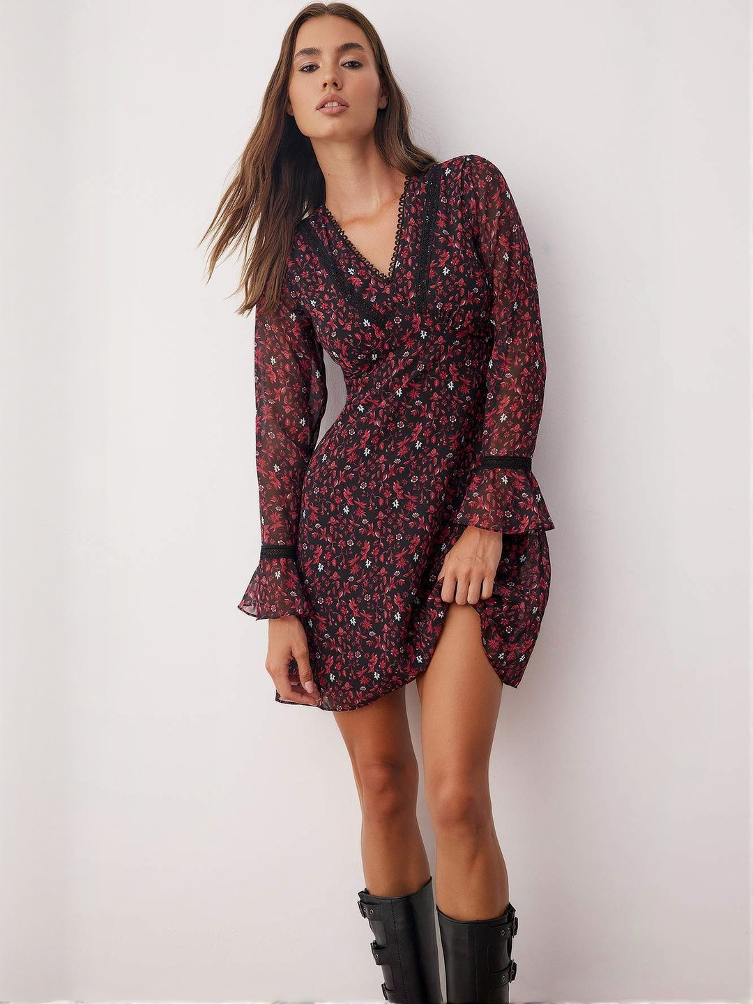 Trendyol Women Floral Printed Bell Sleeve Ruffled A-Line Dress