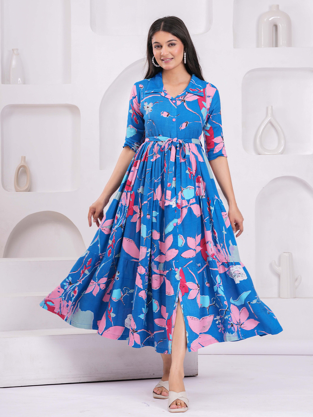 NYPA Abstract Printed Fit & Flare Front Slit Maxi Length Dress Comes with a Belt