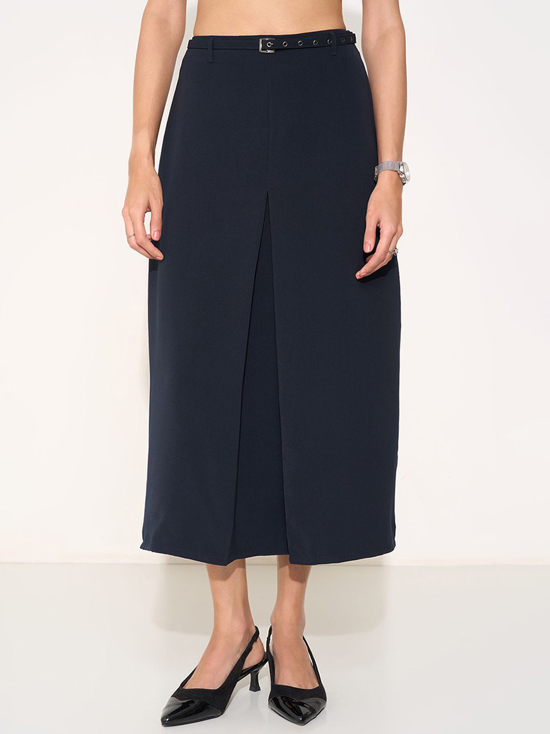 Annabelle by Pantaloons Front Pleated Midi Skirt With Belt Detail