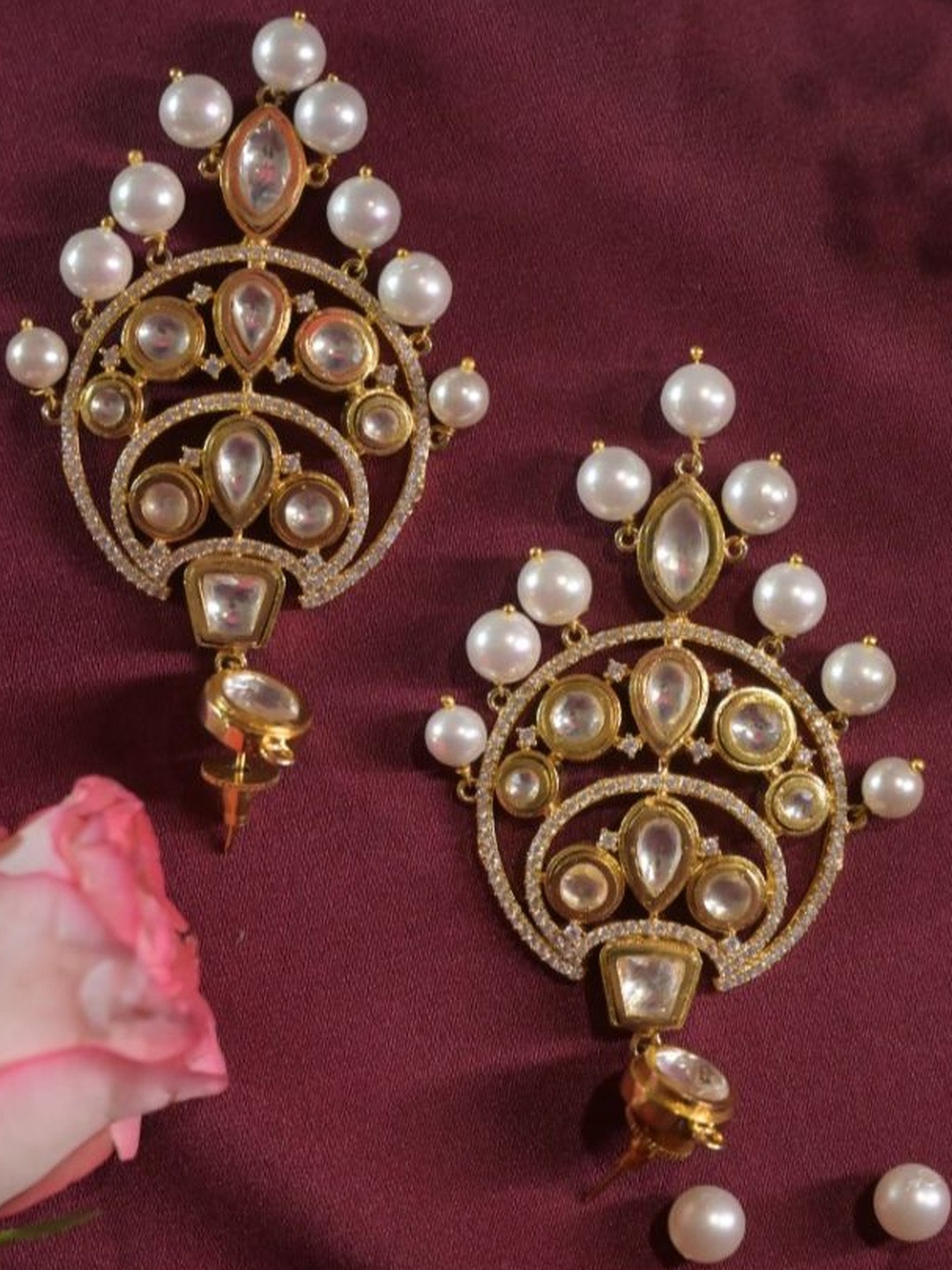 SWAN JEWELS Artificial Stones Studded And Beaded Crescent Shaped Drop Earrings