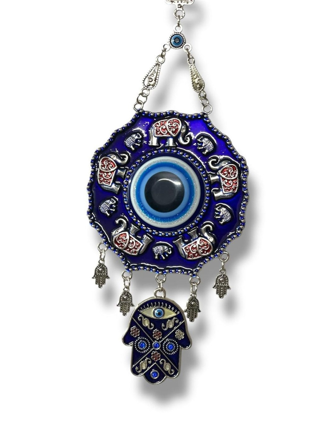 BLUE BEADS Blue Evil Eye Wall Hanging With Elephant Charms & Hamsa Hand Wall Decor