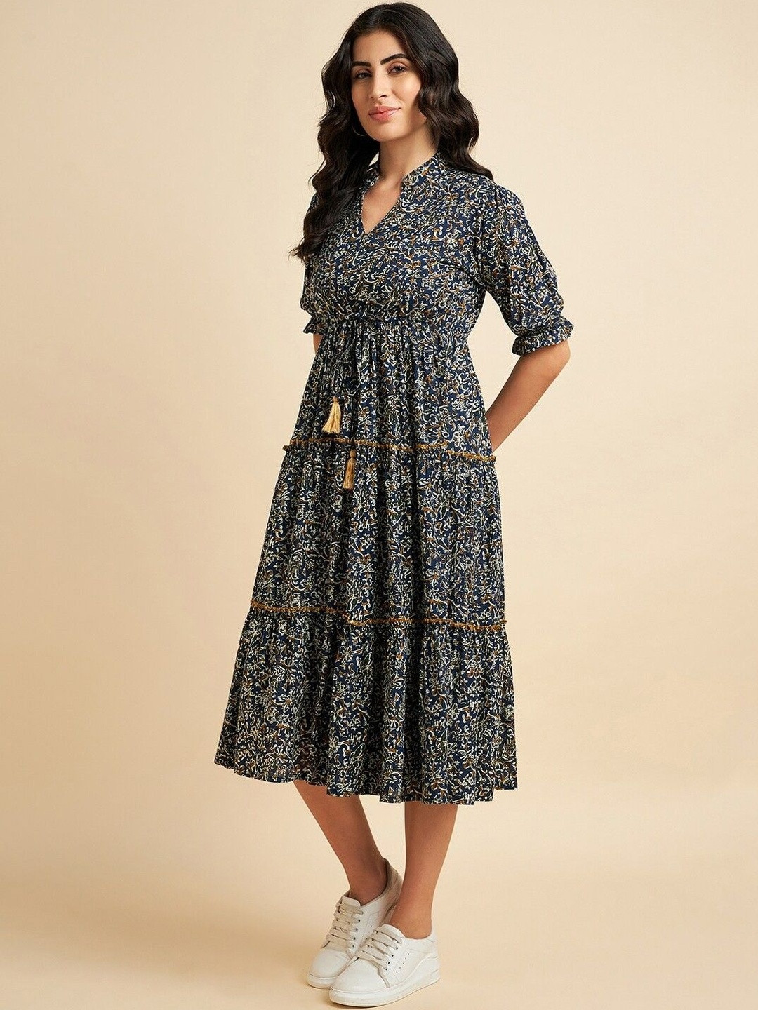 Jash Creation Women Blue Print Puff Sleeve Applique Crepe Fit & Flare Maxi Dress