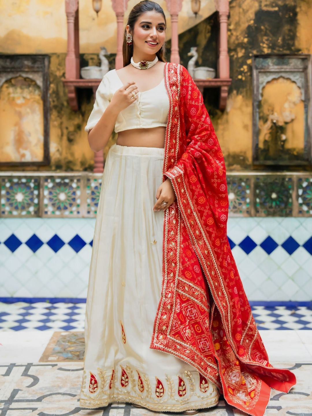 HOUSE OF JAMOTI Embellished Block Print Ready To Wear Tissue Lehenga & Blouse With Dupatta