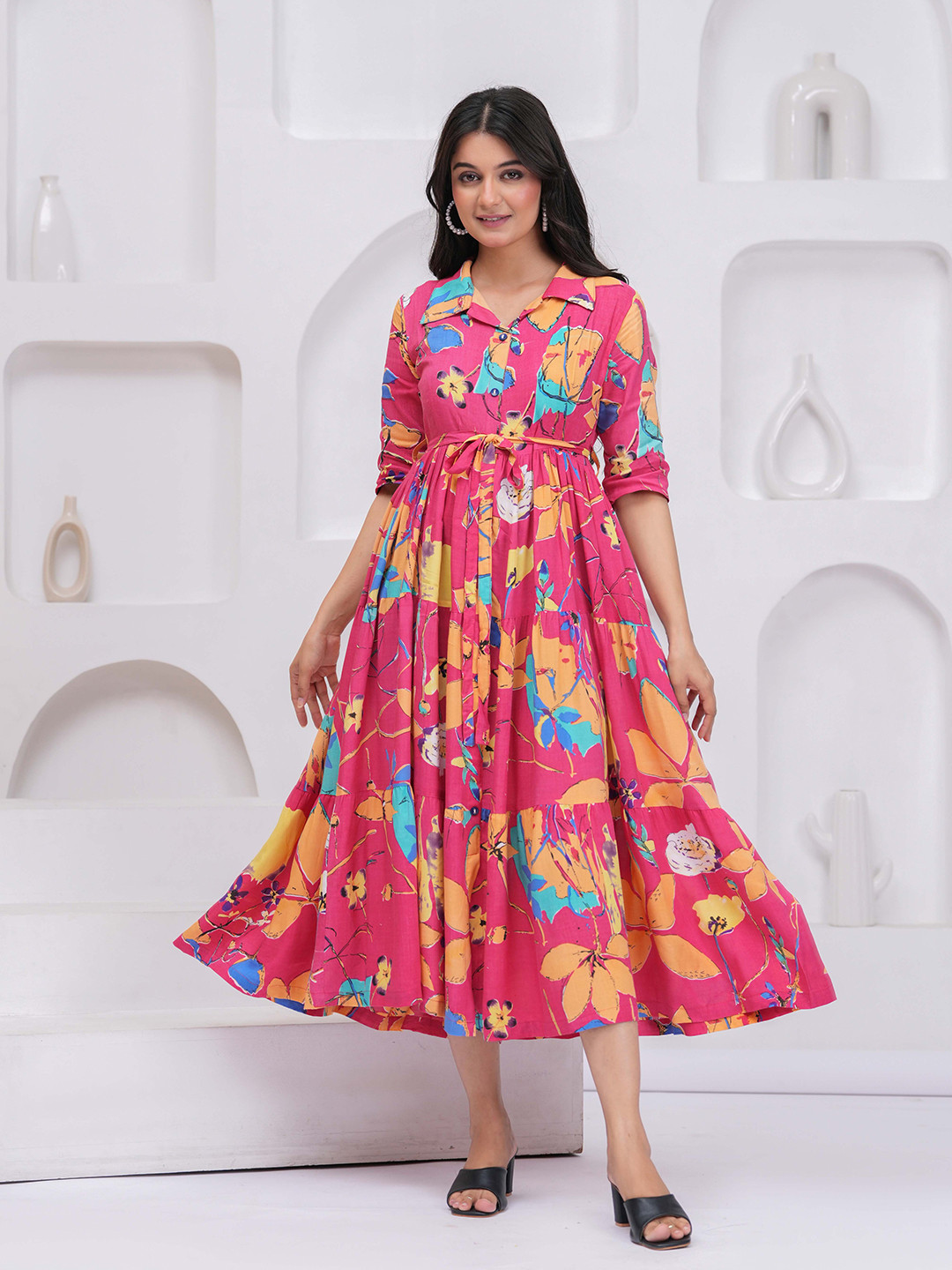 NYPA Women Floral Printed Belted A-Line Midi Dress