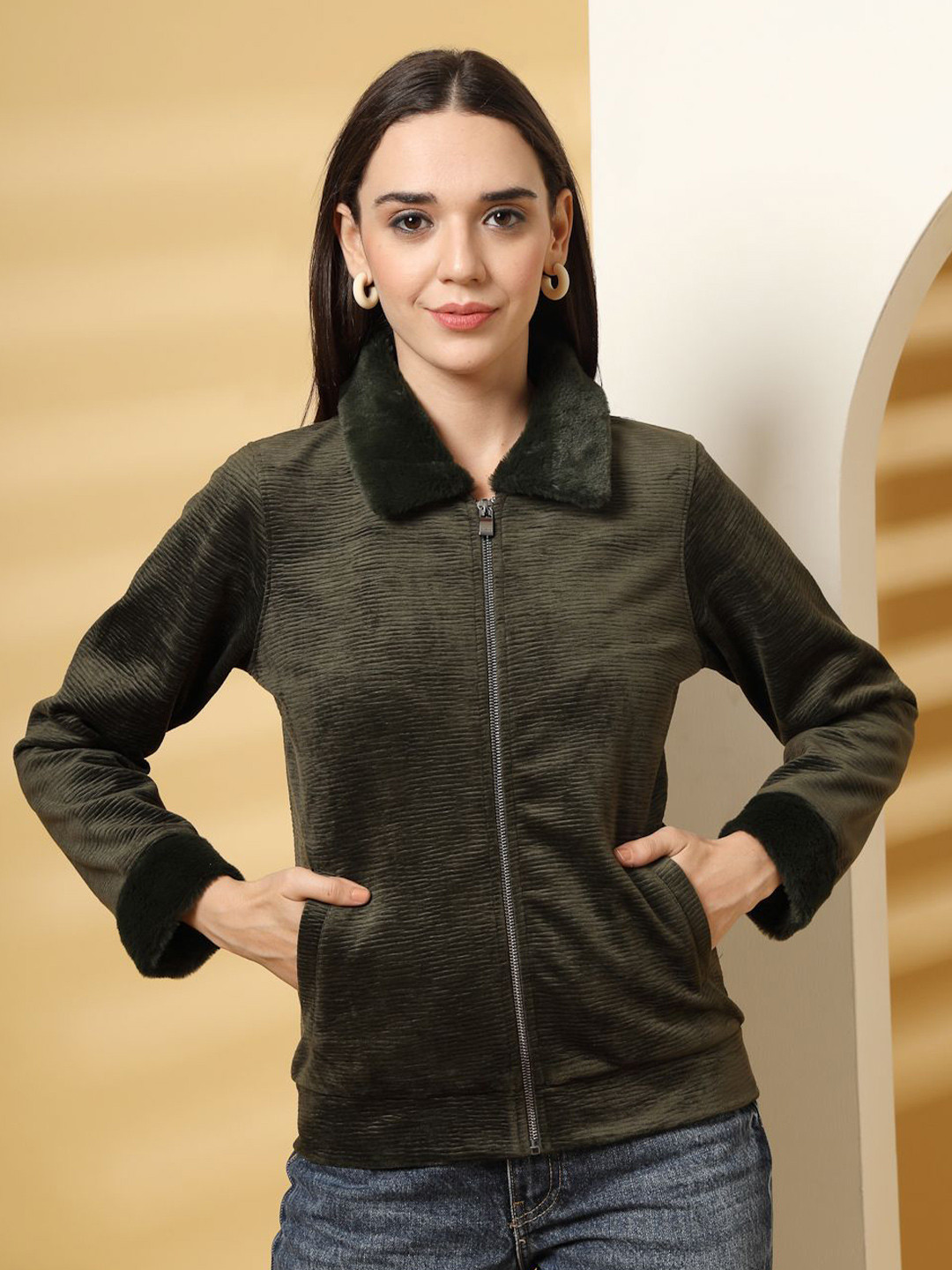 R.Code by The Roadster Life Co. Women Self design Textured  Shirt Collar Sweatshirt