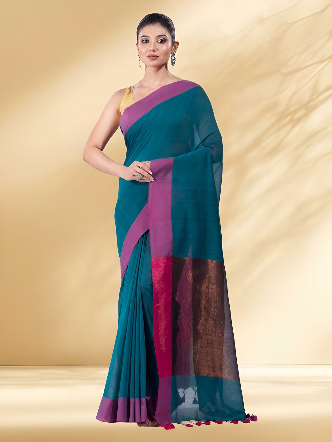 Arhi Solid Zari Design Pompom In borders Pure Cotton Saree