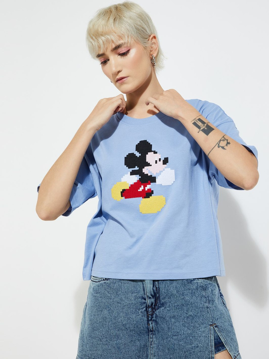 max Mickey Mouse Graphic Printed Drop-Shoulder Sleeves Cotton T-shirt