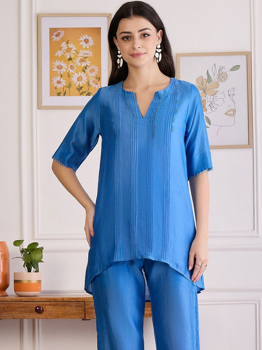 First Resort by Ramola Bachchan Women Pin Tucked Beaded Pintuck  Round Neck Cotton Top