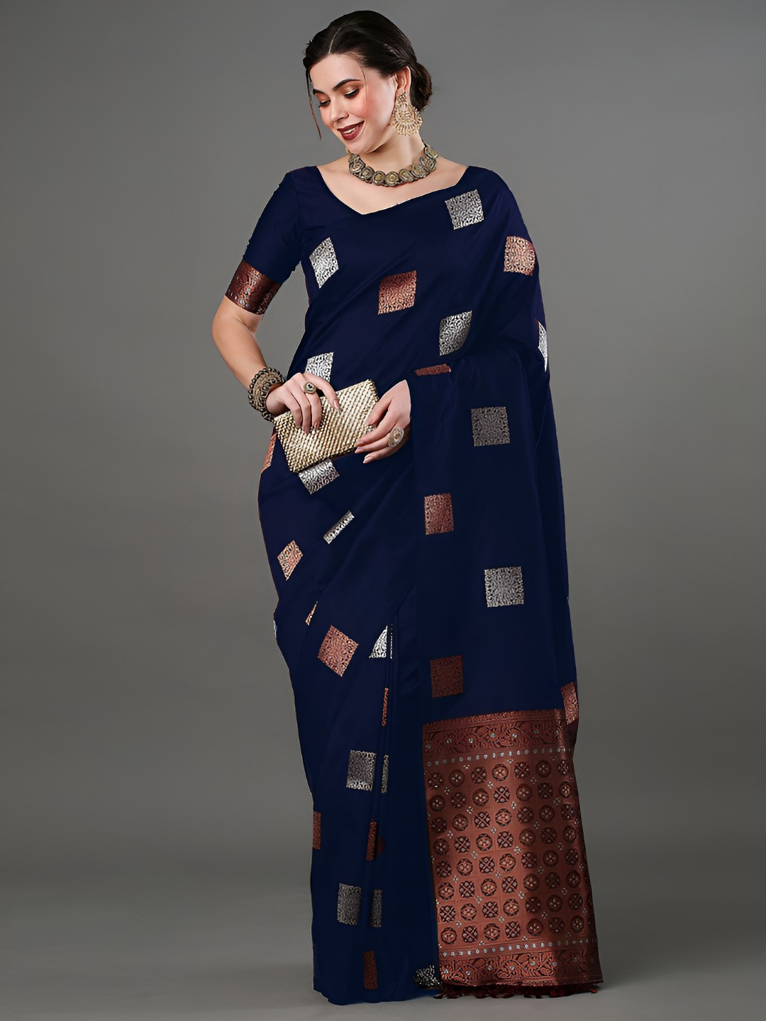 PRIMENIKS Geometric Woven Design Zari Banarasi Saree