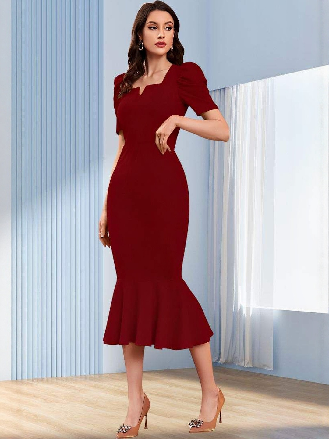 WATAY Women Cuffed Sleeve Midi Bodycon Dress