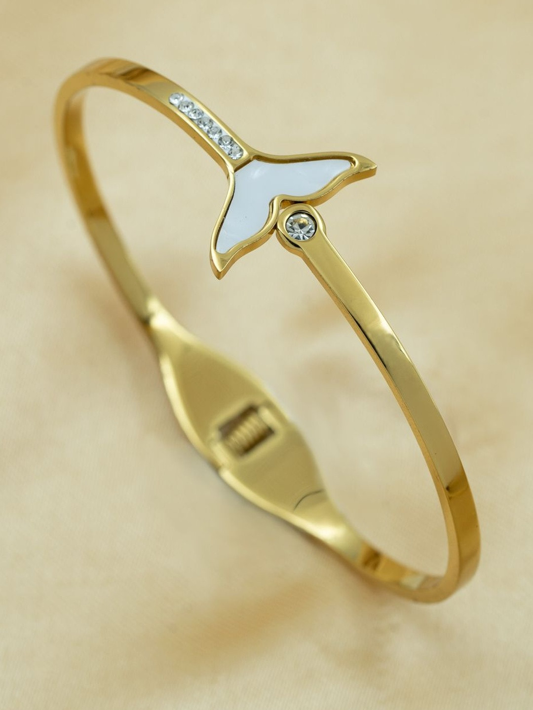 ARTKLIM Whale Tail Grace Stainless Steel Gold-Plated Stones Studded Bangle-Style Bracelet
