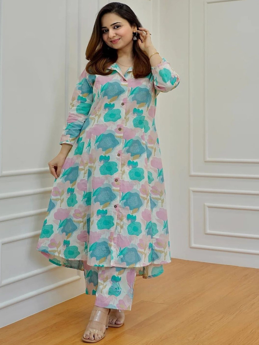 NavNari Printed Polo Collar Pure Cotton Tunic With Trouser