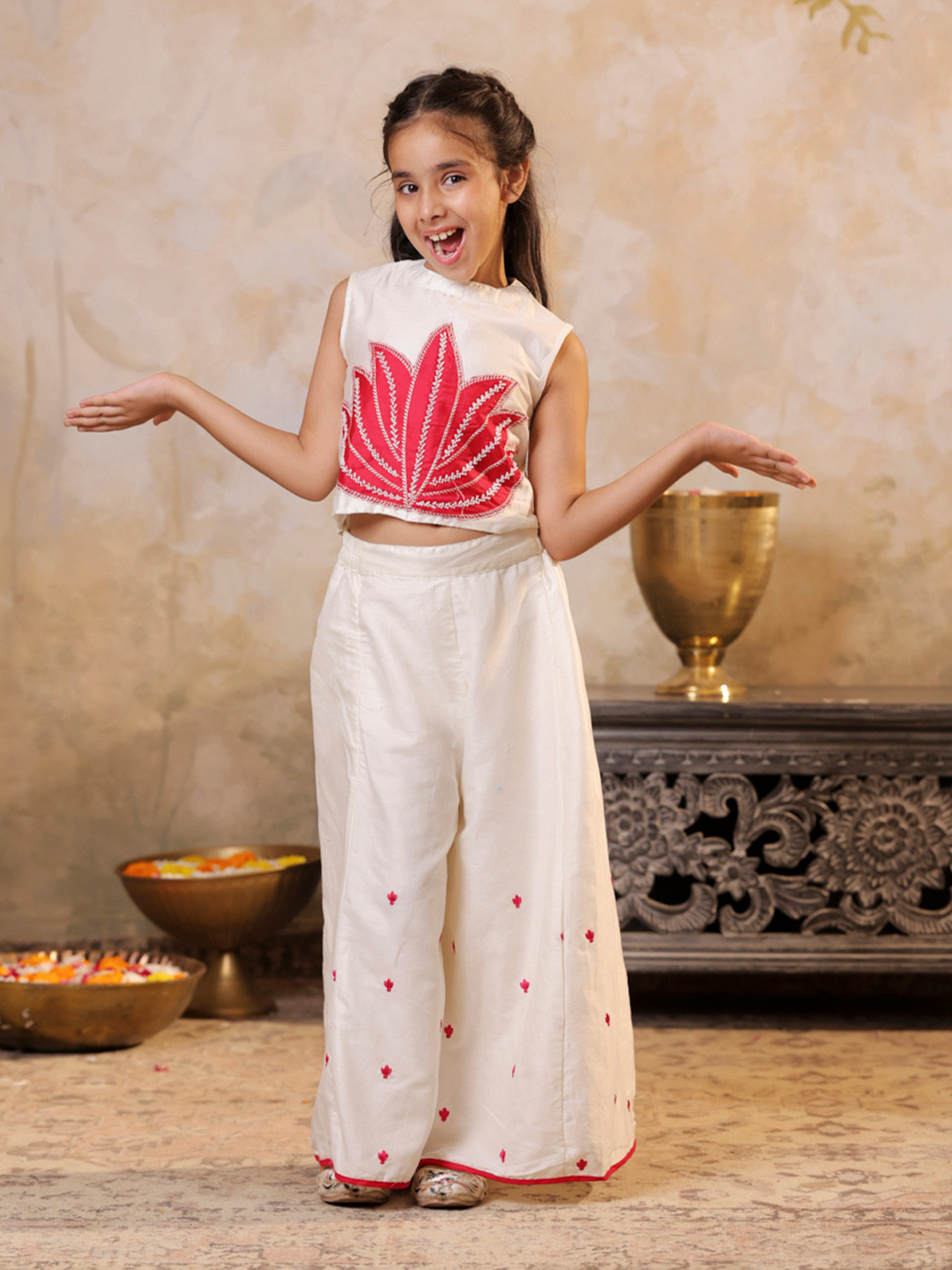 SHORGUL Girls Floral Embroidered Round Neck Top With Palazzos