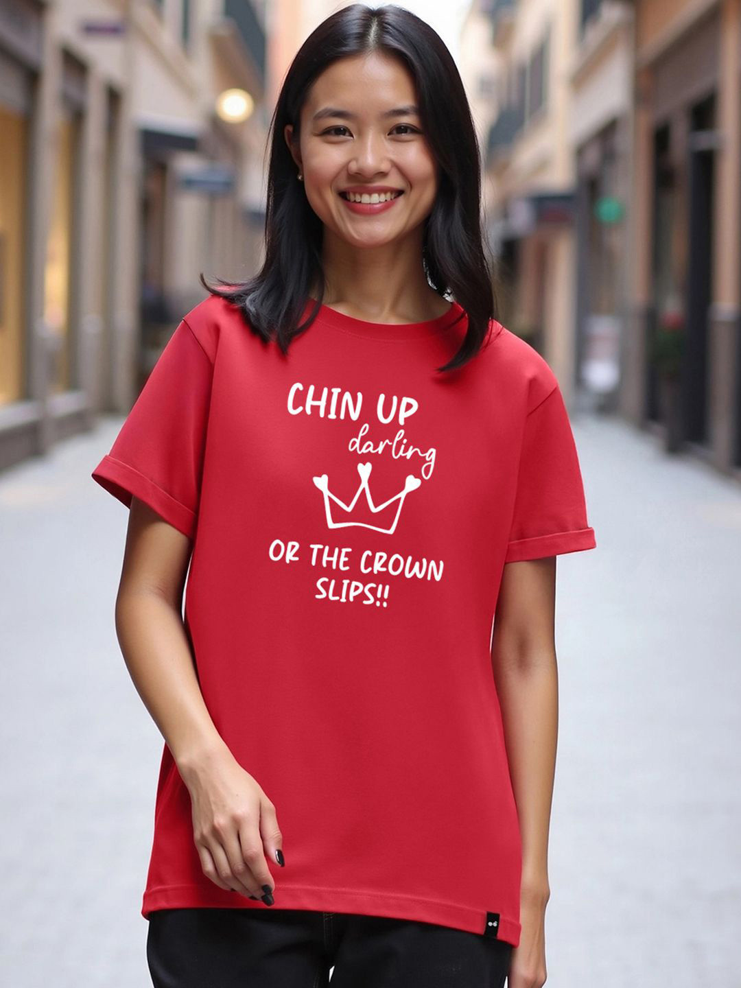 Bewakoof Women's Bold Red Darling Typography Boyfriend T-shirt