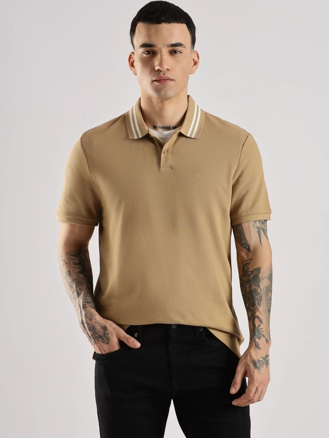 Calvin Klein Jeans Men Solid Polo Collar Pure Cotton T-shirt