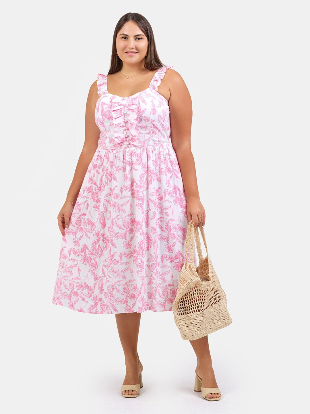 Virgio Plus Size  Women Floral Printed Ruffled Linen Fit & Flare Midi Dress