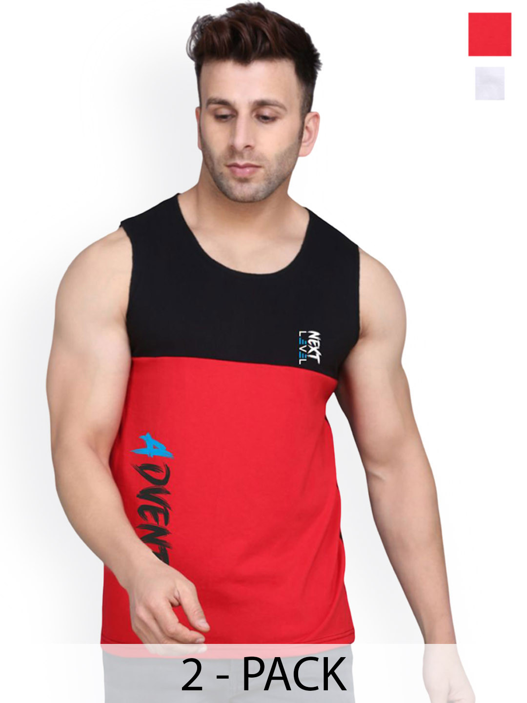 SLOWLORIS Pack Of 2 Printed Scoop Neck Gym Vests VSL26 CMB(ADV BLACKRED)(OVRTNK WHITE)
