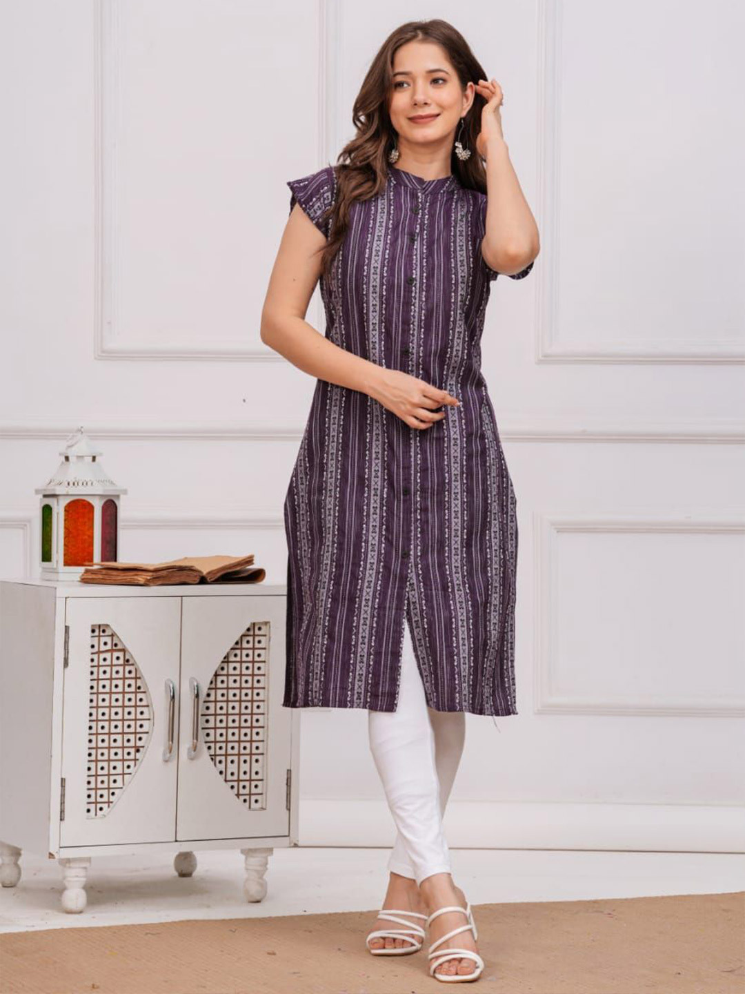 Paradise Striped Printed Mandarin Collar Kurta