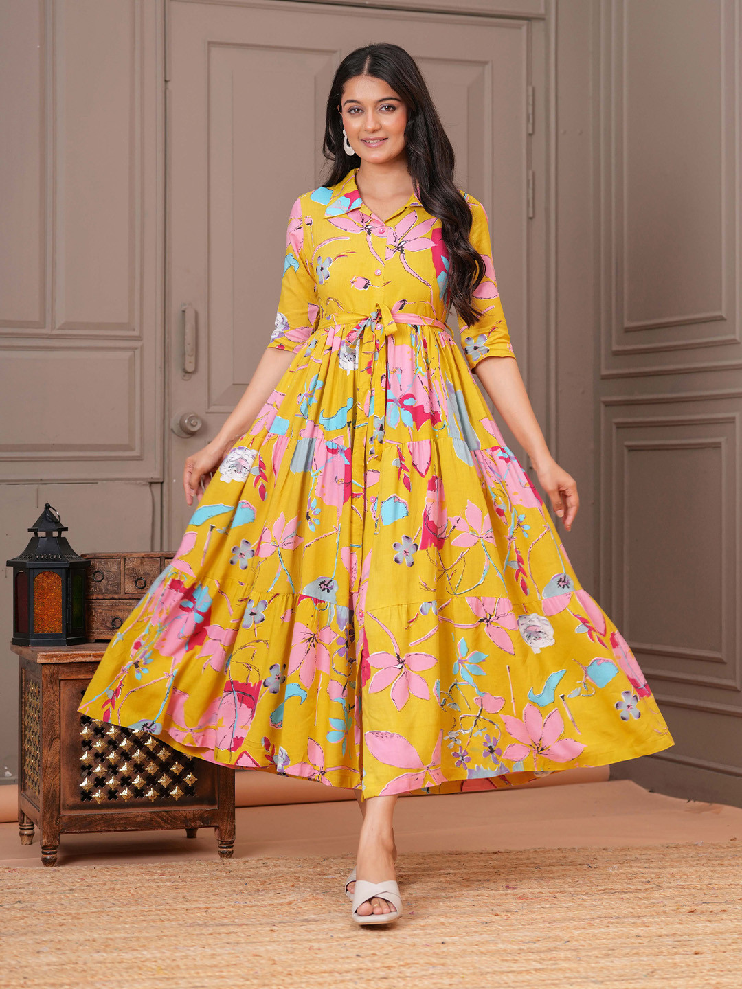 NYPA Women Floral Printed Gathered or Pleated Shirt Collar Fit and Flare Midi Dress