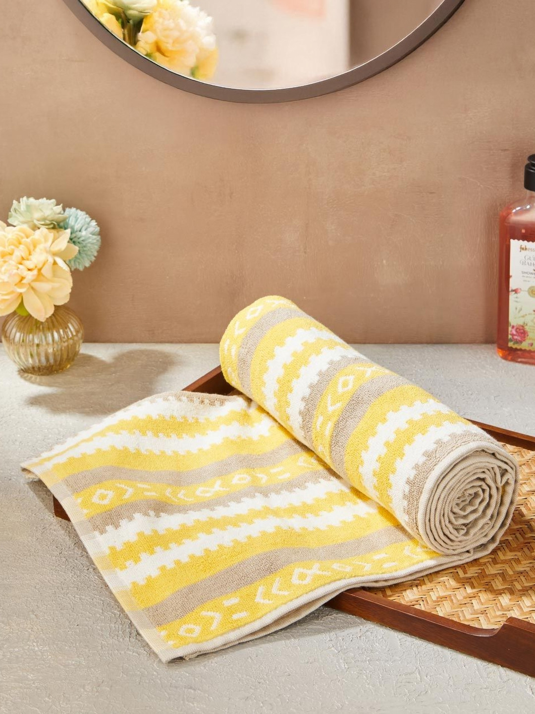 Fabindia Kabir Yellow & White Printed Cotton 570 GSM Bath Towel