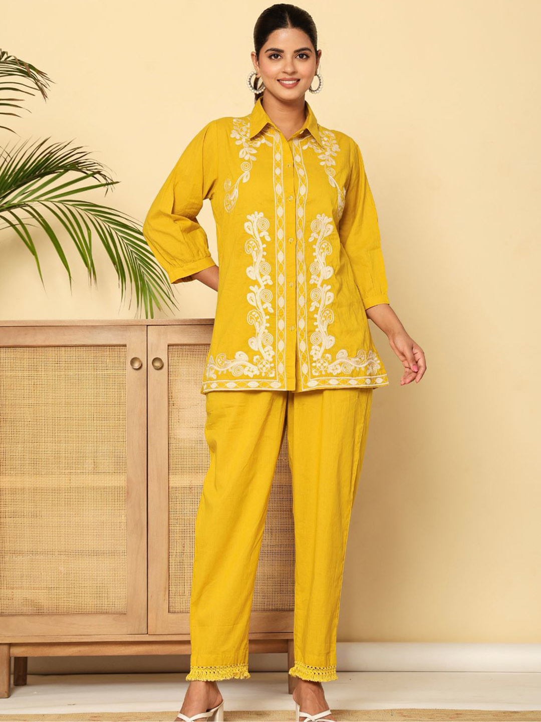 Zolo Label Floral Embroidered Shirt Collar Cotton Shirt With Trousers Co-Ords