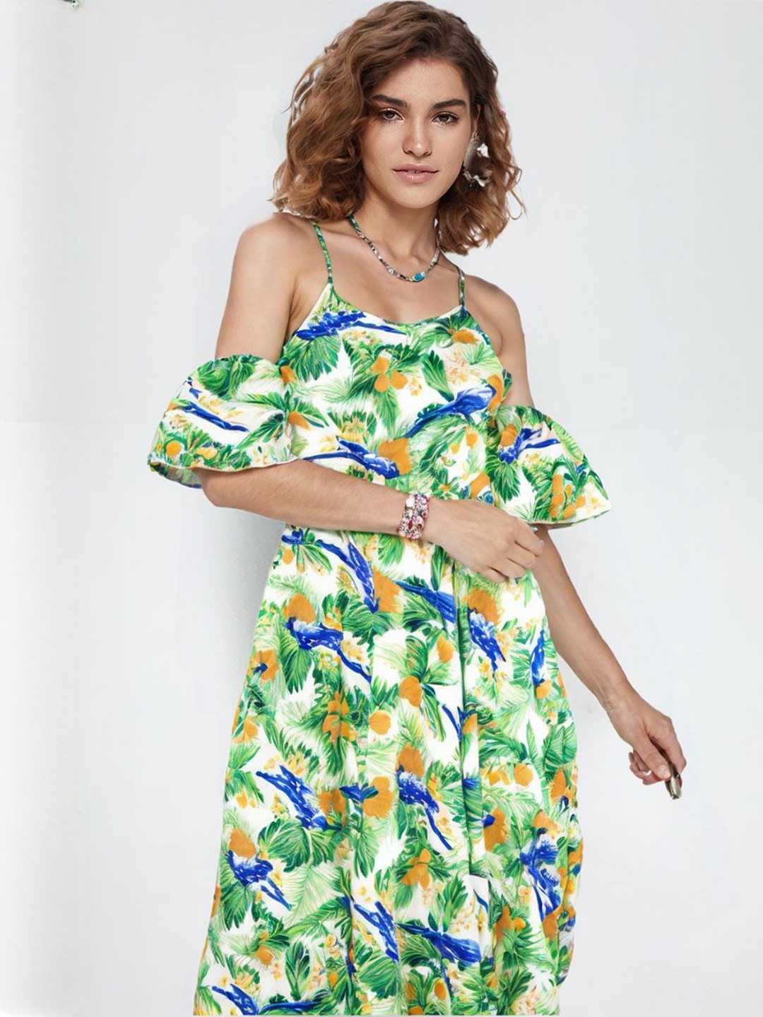 ARTYSKA Tropical Print Cold-Shoulder Crepe A-Line Midi Dress