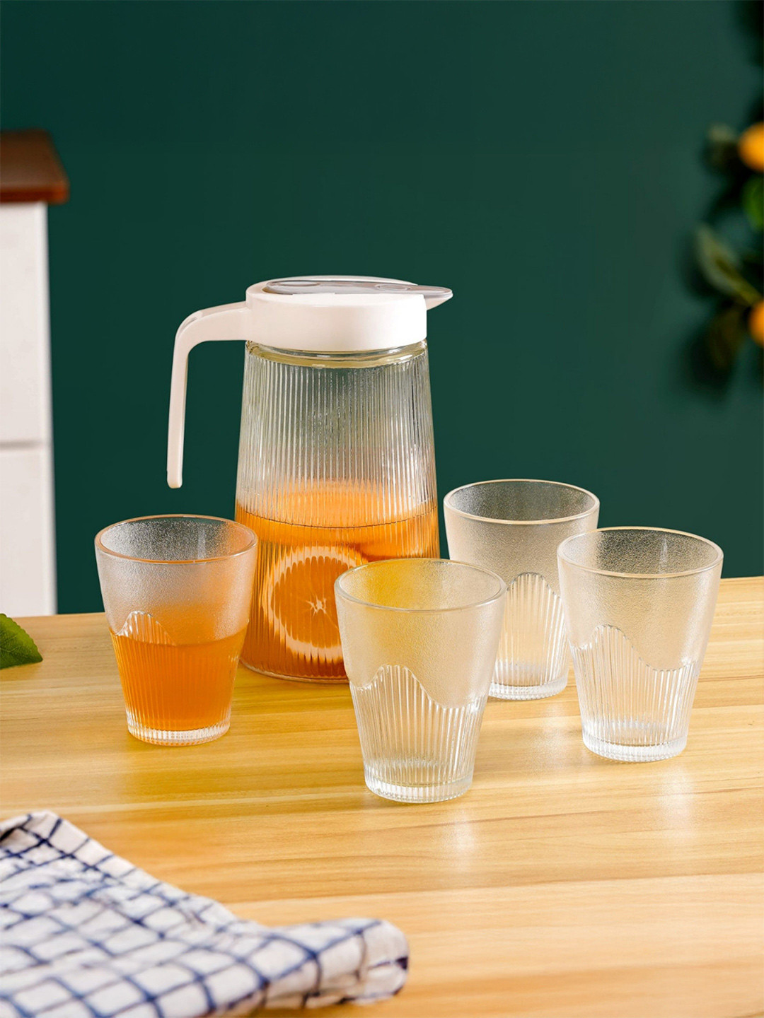 Nestasia Transparent & White 5 Pieces Textured Glass Water Jugs