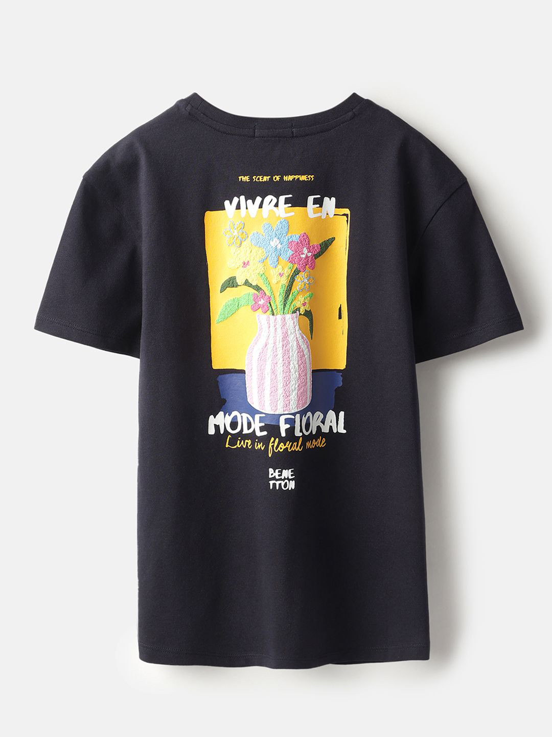 United Colors of Benetton Girls Black Cotton Graphic Printed Relaxed Fit T-shirt