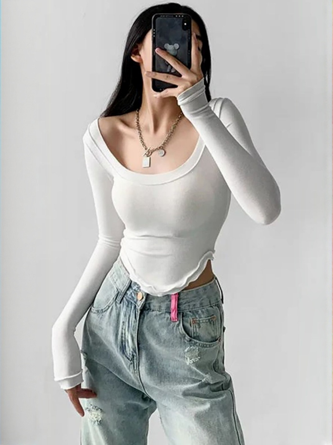 Womenster Women Solid Scoop Neck Long Sleeve Crop Top
