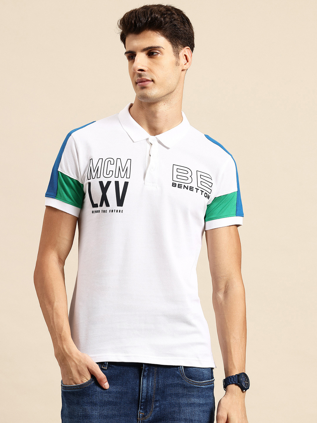 United Colors of Benetton Cut-N-Sew Detail Typography Printed Polo T-shirt