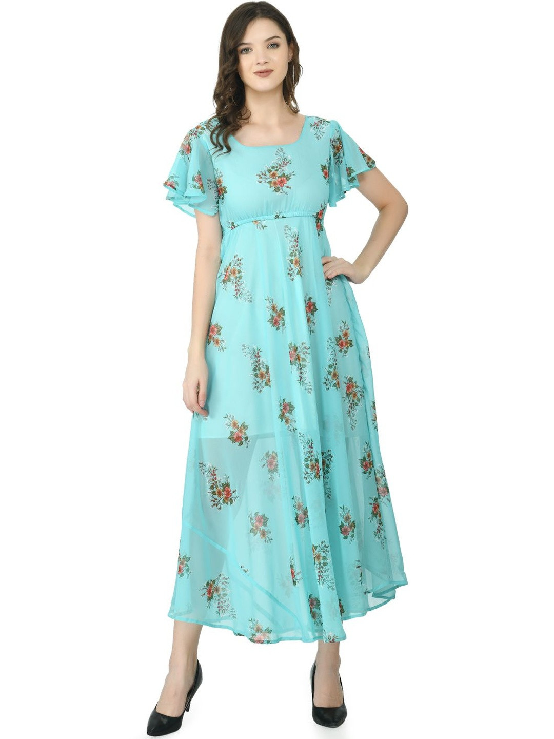 Brainbees Women Floral Print Flutter Sleeve Georgette Empire Maxi Dress