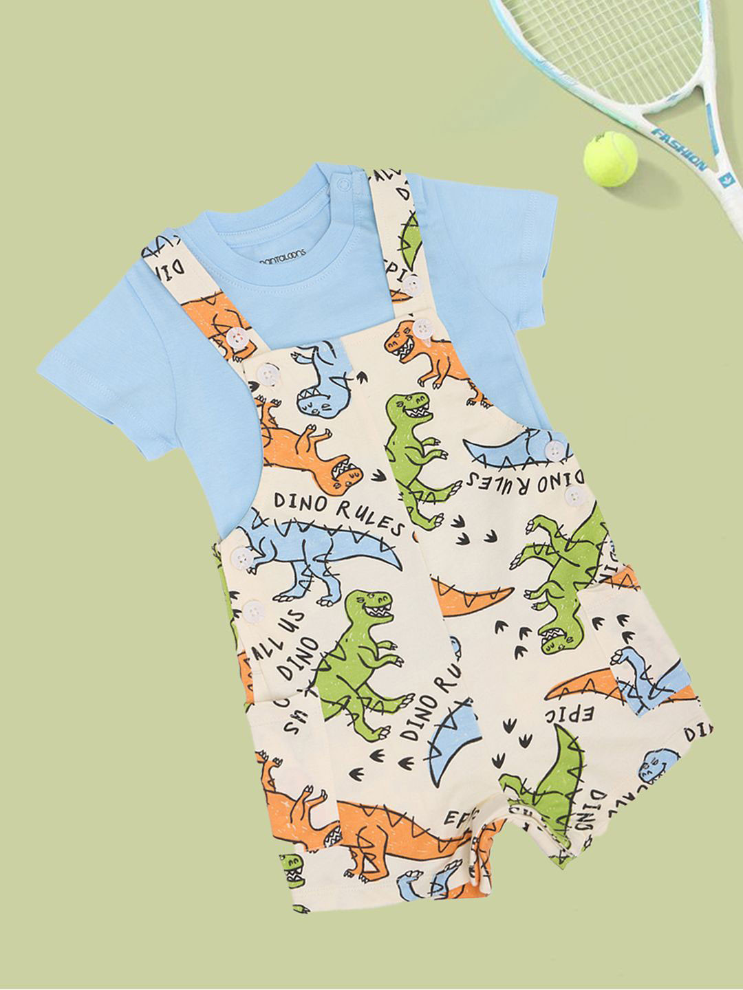 Pantaloons Baby Infant Dinosaur Printed Pure Cotton Dungarees With T-Shirt