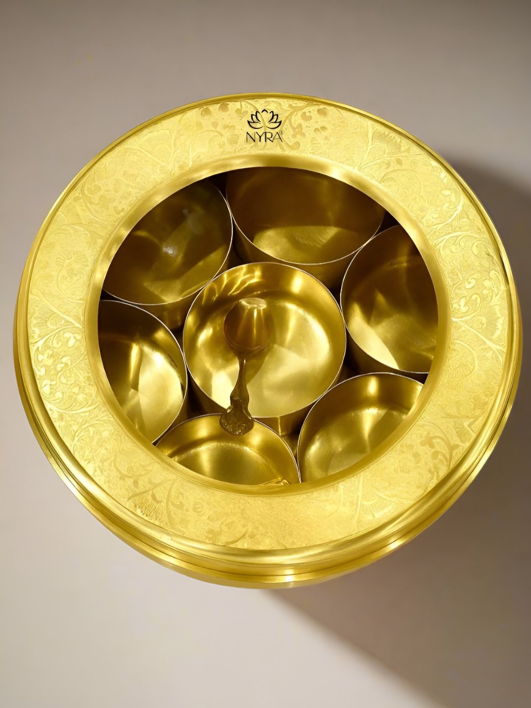 Nyra Kitchenware Yellow Brass Spice Box With 7 Compartments