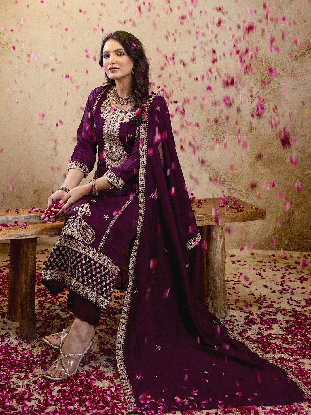 SANISA Women Purple Silk Blend  Embroidered  Thread Work Kurta Set