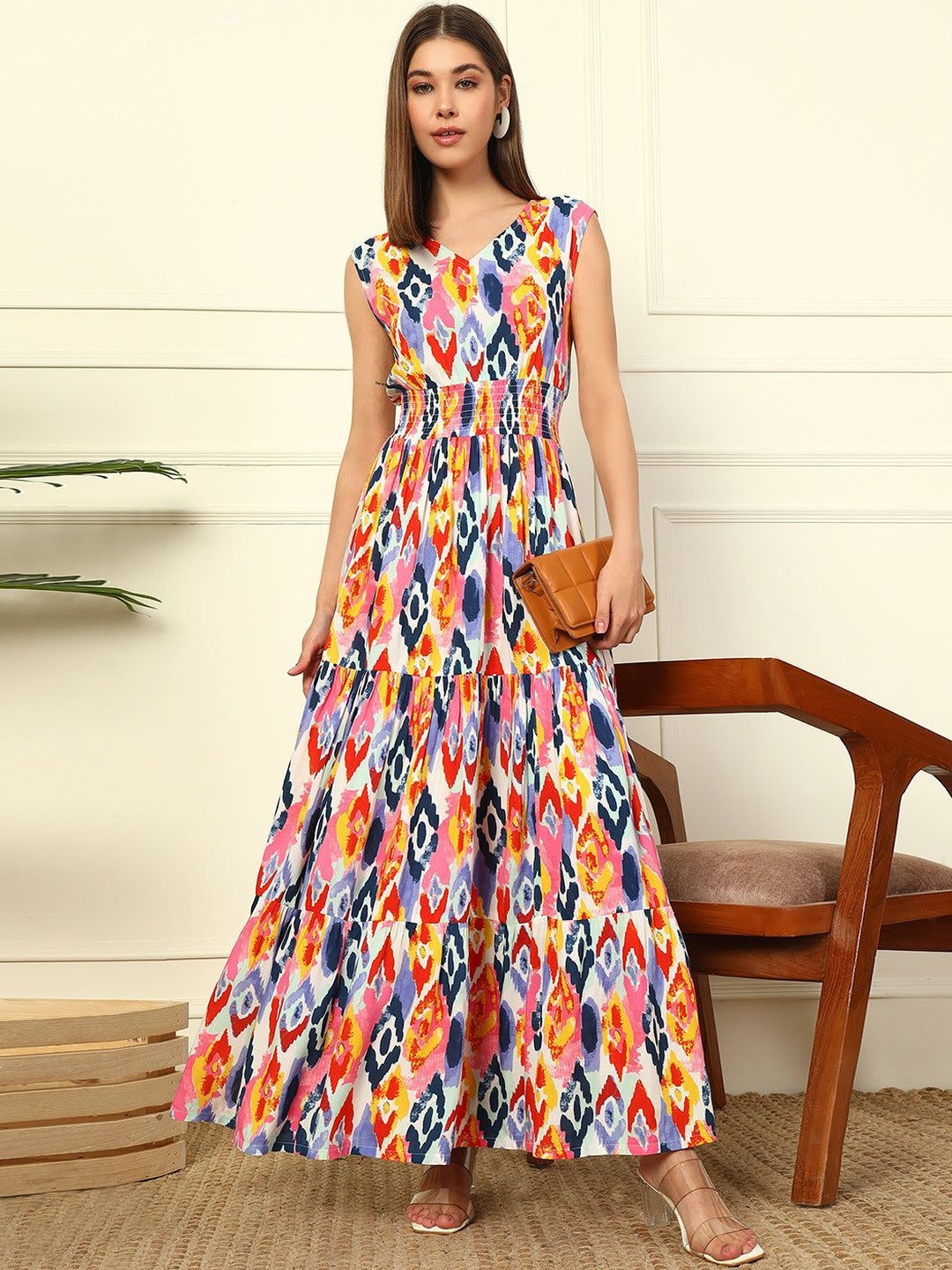 Jash Creation Women Multi-Colored Printed V-Neck Tiered & Smocked Polyester Maxi Dress
