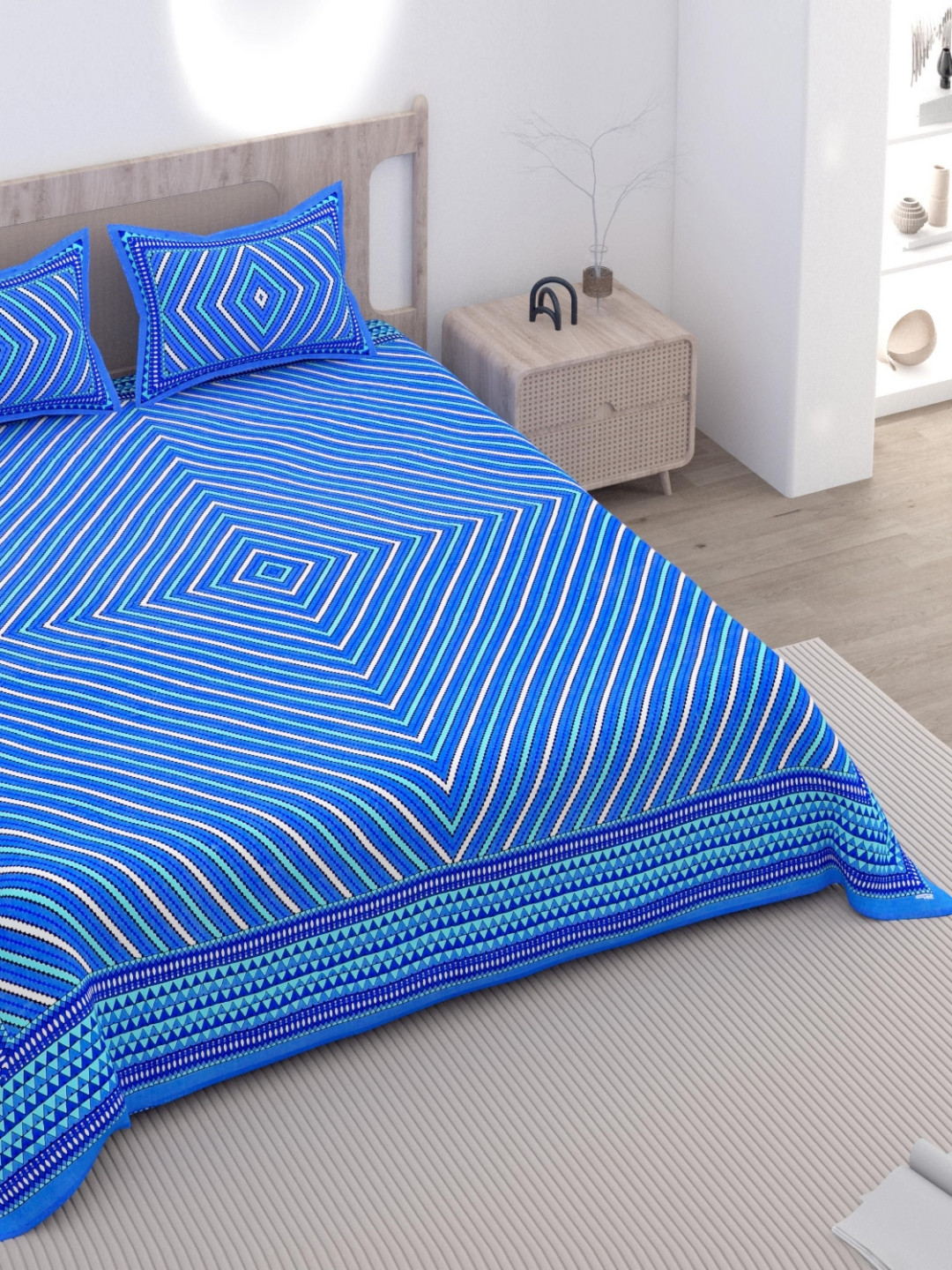 Lali Prints Blue & White Geometric Print 180 TC Queen Size Bedsheet With 2 Pillow Covers