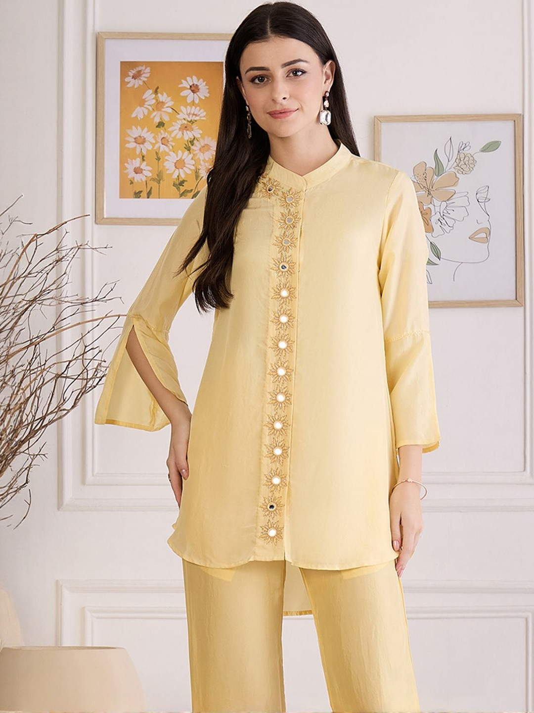 First Resort by Ramola Bachchan Women Embellished Mandarin Collar Slit Sleeve Shirt Top
