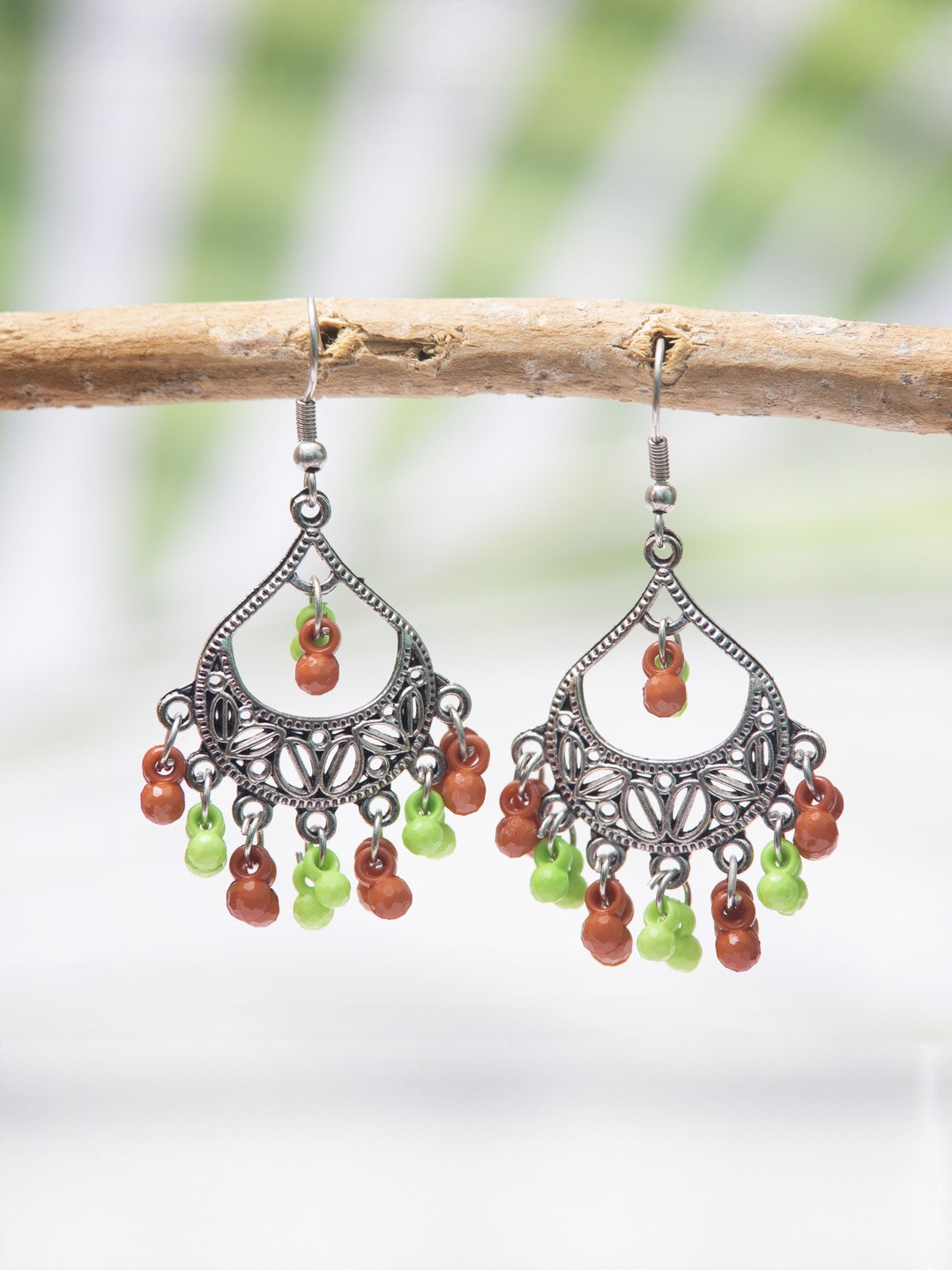 Creative Frogs Women Silver Plated Chandbali Earrings with Brown & Light Green Beads