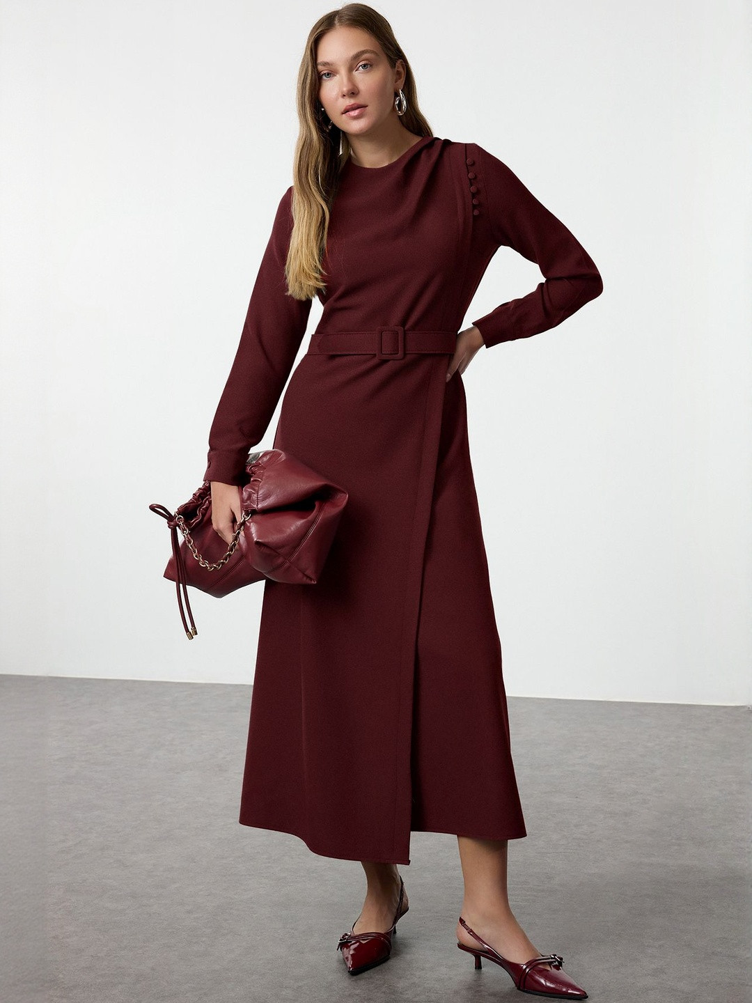 Trendyol Bordo Women Round Neck Midi Wrap Dress