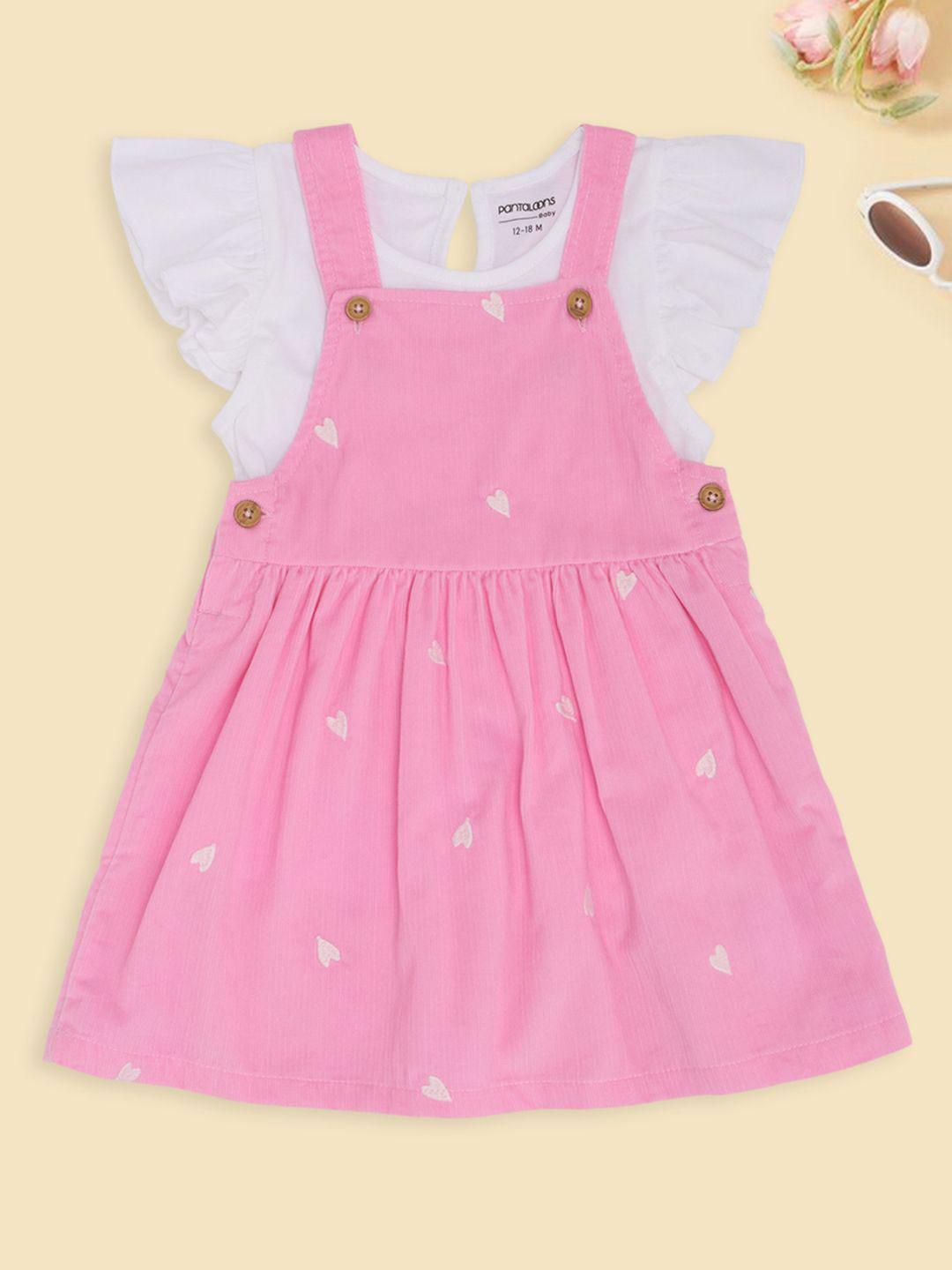 Pantaloons Baby Girls Heart Embroidered Corduroy Pinafore & Ruffle Dress With T-Shirt