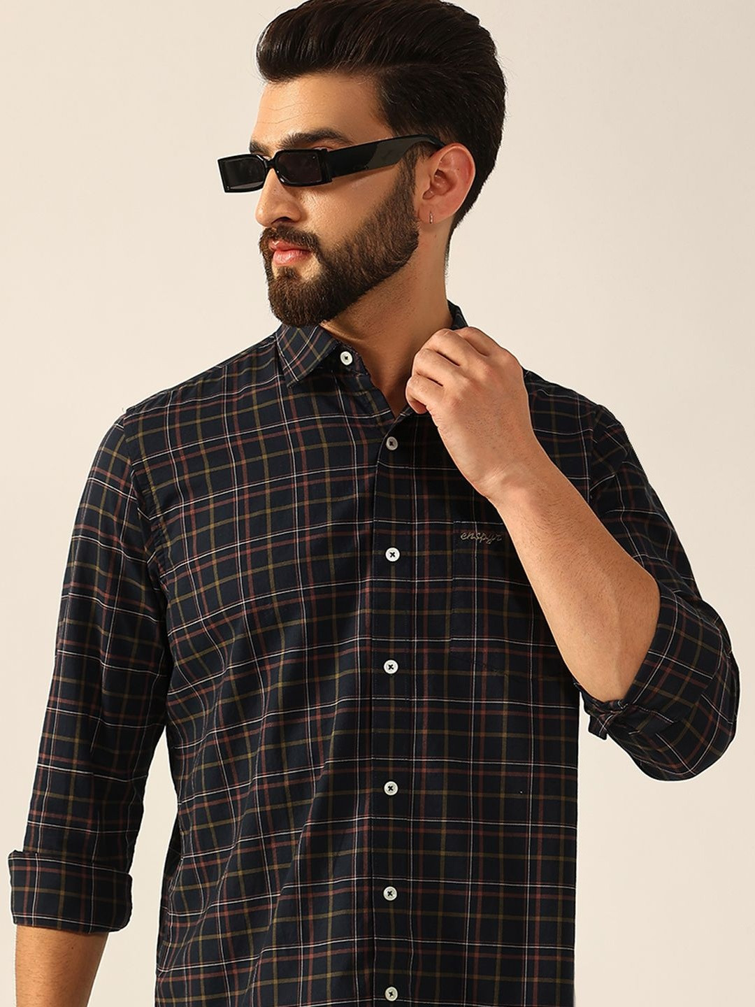 ENSPYR Men Navy Blue Checked Spread Collar Long Sleeves Cotton Shirt