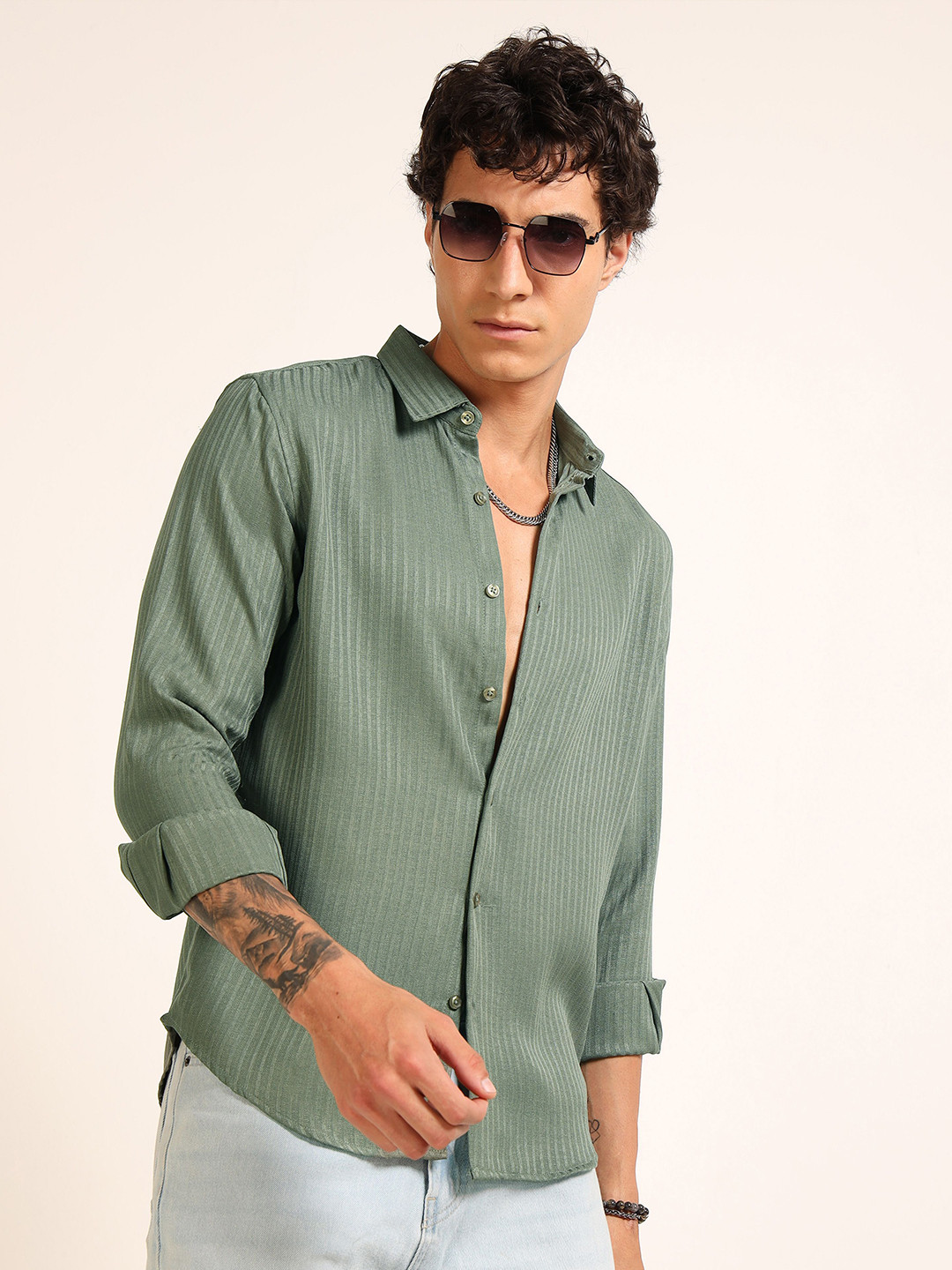 Bushirt Men Classic Fit Textured Spread Collar Casual Shirt