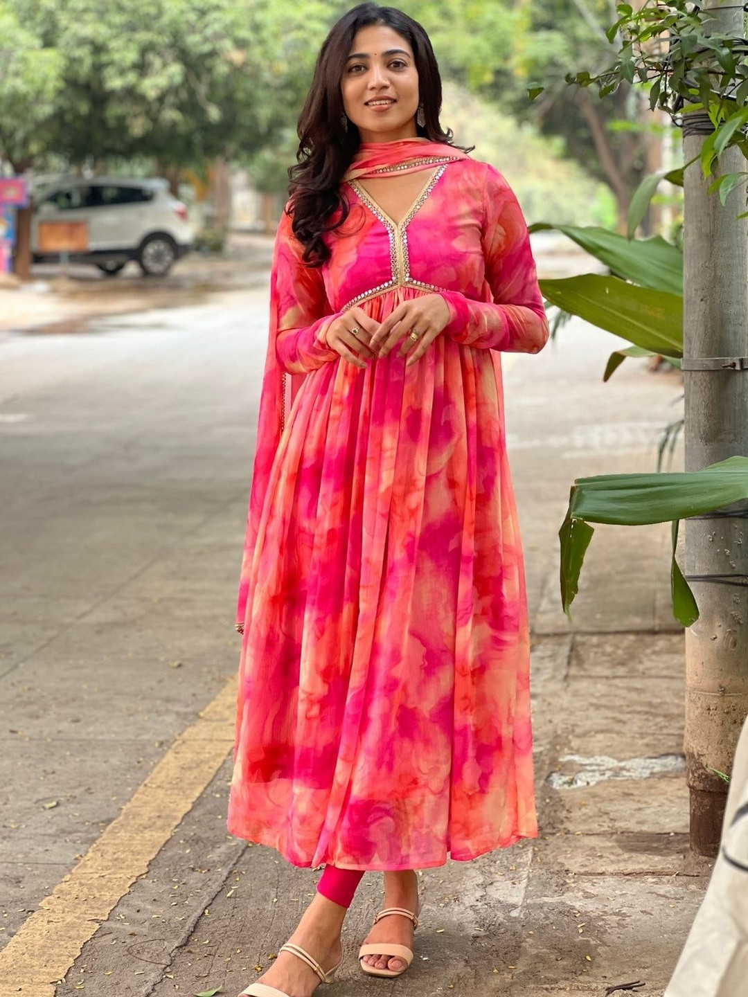 N.B.F Fashion Printed Tiered Thread Work Kurta With Leggings & Dupatta