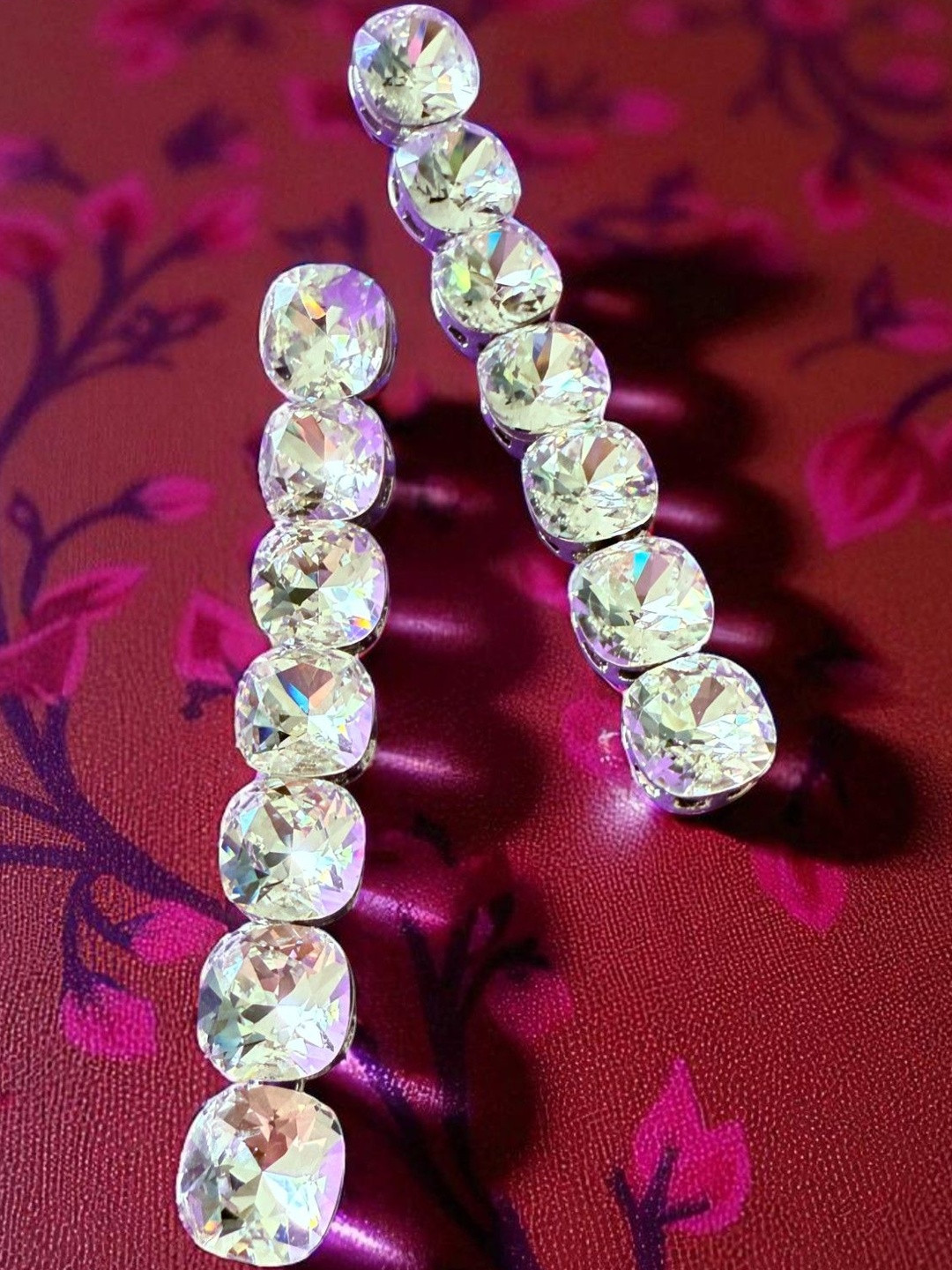 Rebekah Women White & Silver-Plated Crystal Stones Brass Linear Drop Earrings