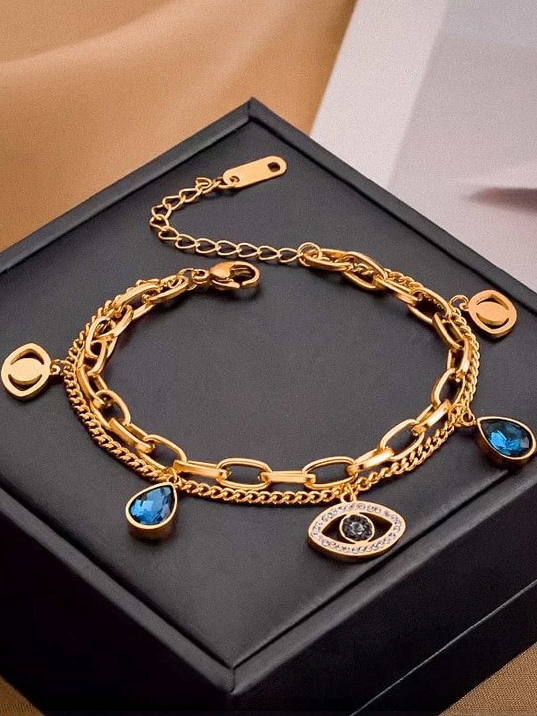 ISAMORA Stainless Steel Rose Gold-Plated Crystals Studded Charm Bracelet