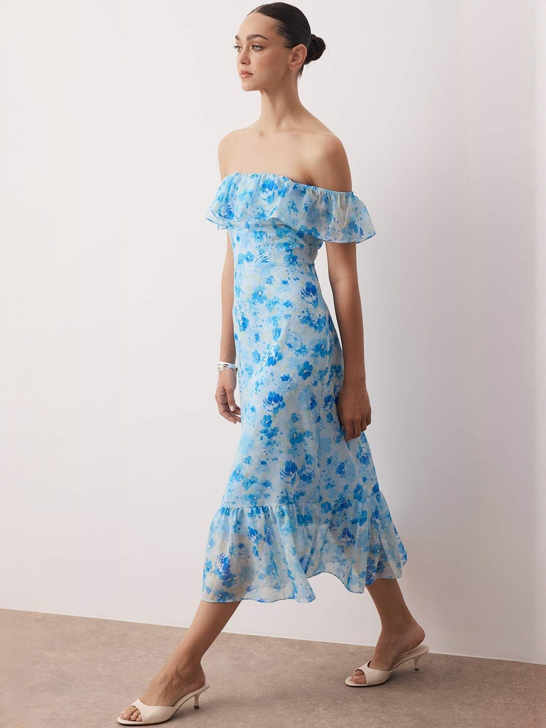 Trendyol Mavi Women Floral Printed Off-Shoulder Ruffled A-Line Midi Dress